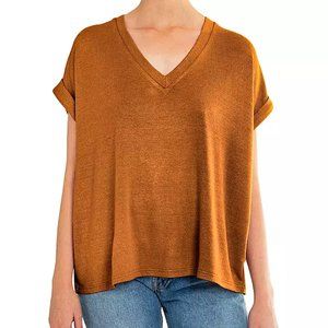 Mod Ref Women's Rolled Cuff Short Sleeve V-Neck Top Lightweight Knit Rust